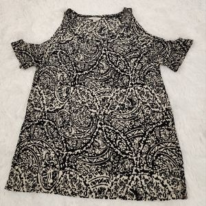 Lucky Brand Tan and Black Boho Pattern Cold Shoulder Short Sleeve Shirt